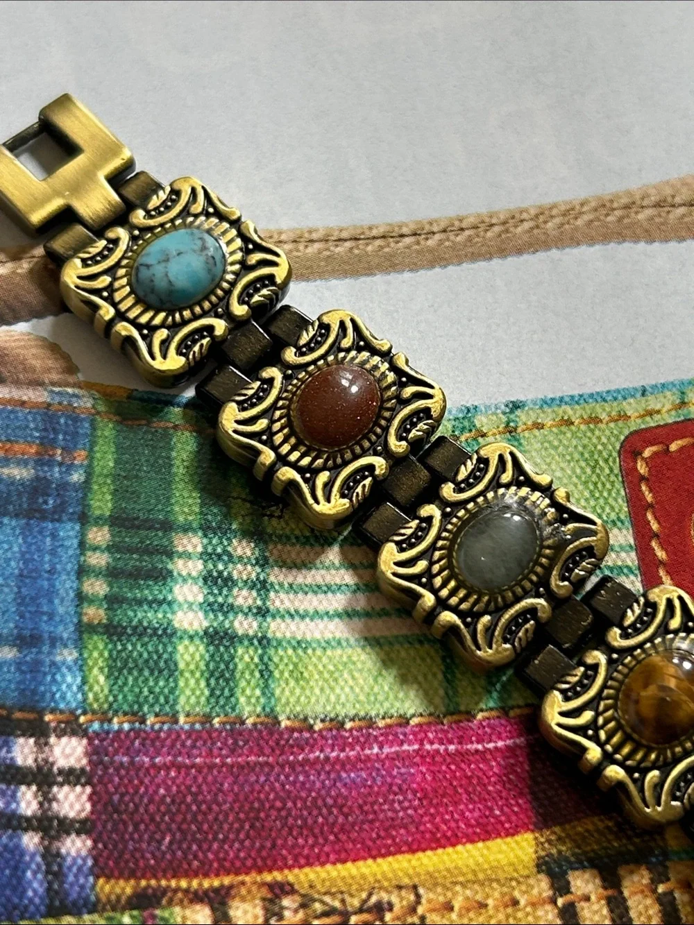 Vintage 1990 metal Bracelet with semitones, Turquoise, Red and tiger eyes & more